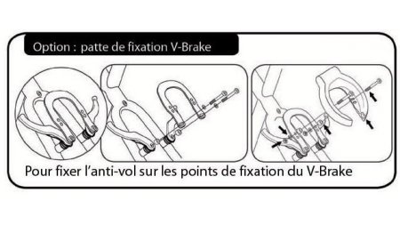 Fixation sur tasseau de frein V-Brake pour un antivol de cadre Axa Defender ou Solid